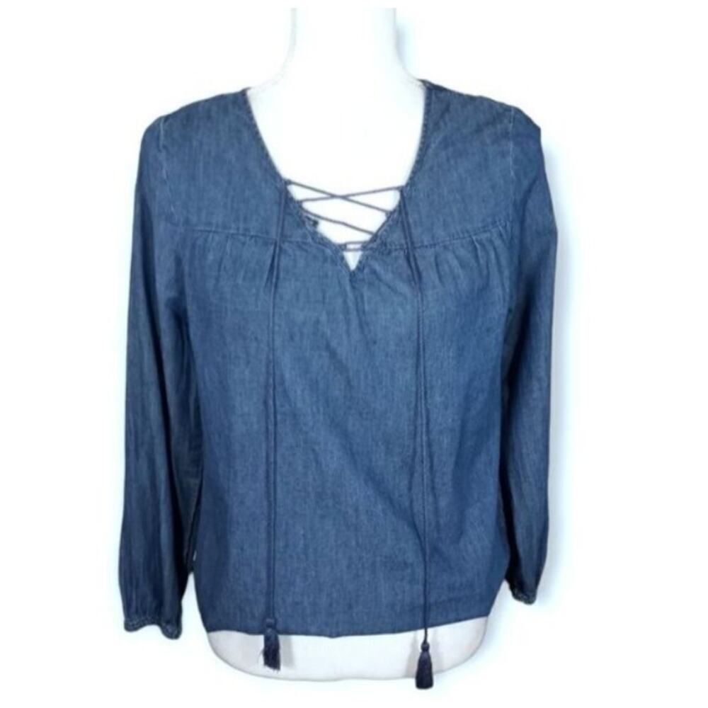 FADDED GLORY DENIM BLUE LACE UP PEASANT  TOP SZ.S EUC. - Picture 3 of 7